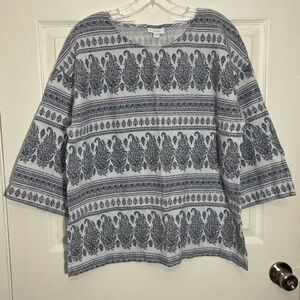 PURE JILL Hemp Cotton Boho drop shoulder 3/4 sleeve Paisley Top | size medium